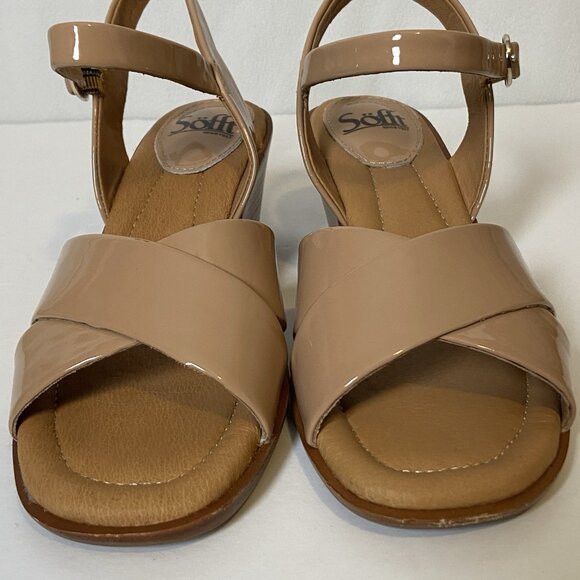 Sofft Gabella Wedge Sandals Sz 7.5 Beige Patent Leather Open Toe Ankle Strap - Picture 6 of 16